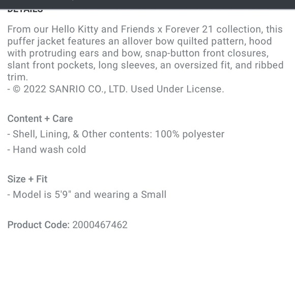 NWT Forever 21 X Hello Kitty & Friends Oversized Pink Bow Puffer Jacket Small - Picture 10 of 11